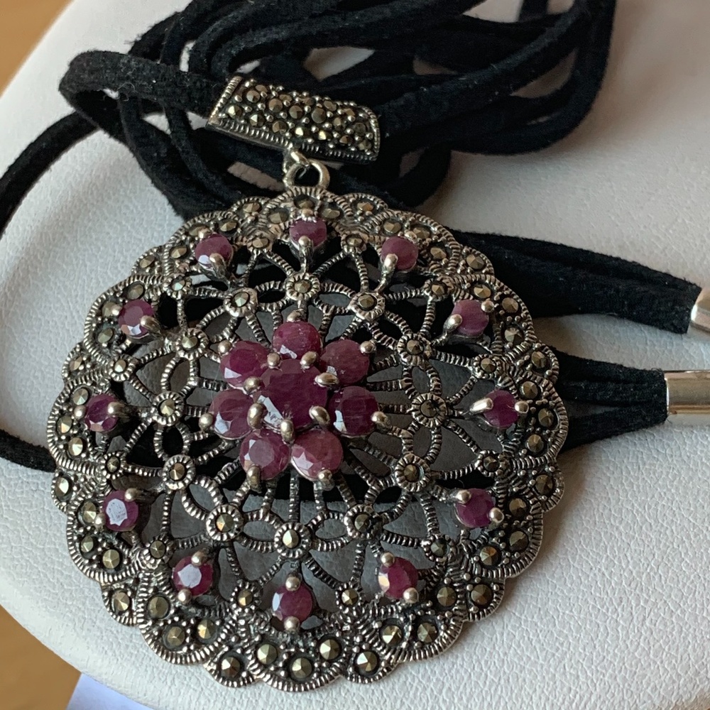 VINTAGE RUBIES & MARCASITE LARGE PENDANT NECKLACE